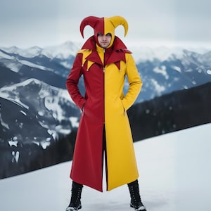 Pode incluir: Um traje de bobo da corte longo, vermelho e amarelo, com capuz e chapéu com chifres a condizer. O casaco tem fecho de correr e bolsos. O fundo apresenta uma paisagem nevada com montanhas.