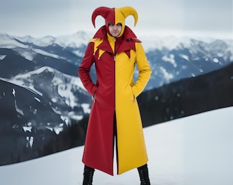 Genuine Leather Jester Cosplay Coat: Red & Yellow Harlequin, Handmade