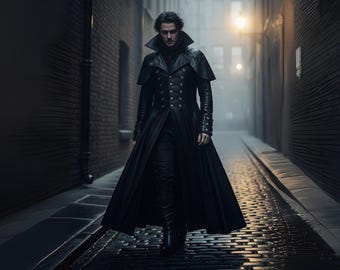 Handmade Gothic Vampire Black Leather Trench Coat: Irish Hide