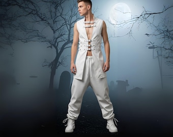 Conjunto de chaleco y pantalones de cuero genuino blanco: traje de cosplay cyberpunk gótico