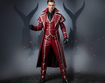 Mens Gothic Fashion Villain Cosplay Coat: Genuine Leather Medieval Fantasy Halloween Outfit