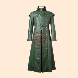 May include: A long, green leather coat with a high collar, a belt, and gold buttons. The coat has a cape-like collar and is lined with a brown fabric.