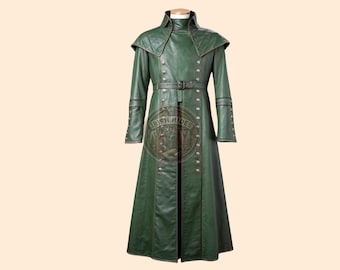 Custom Fitted Green Leather Trench Coat: Men's Cosplay Gothic Clothing