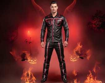 Genuine Leather Button Down Shirt & Biker Pant Set: Black Leather Party Wear Outfit