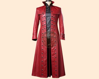 Genuine Leather Gothic Trench Coat: Fitted Red Cosplay Coat