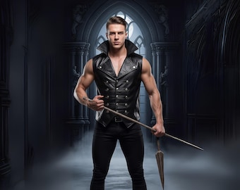 Gothic Black Leather Vest: High Collar, Fitted Sleeveless Design