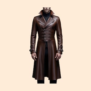 Genuine Leather Gothic Cosplay Trench Coat For Men, Handmade Fitted Brown Leather Long Coat, Leather Clothing