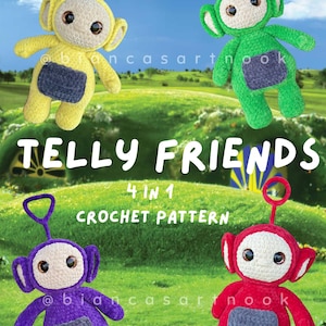 Pode incluir: Bonecas de crochê amarelas, verdes, roxas e vermelhas, cada uma com uma antena única e um remendo cinza na barriga. A imagem inclui o texto "TELLY FRIENDS 4 IN 1 CROCHET PATTERN". As bonecas estão em um fundo de paisagem verde.