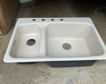 Vintage Kohler Lakefield Double Kitchen Sink // Cast Iron High Low // Scratches Dings Please See Pics