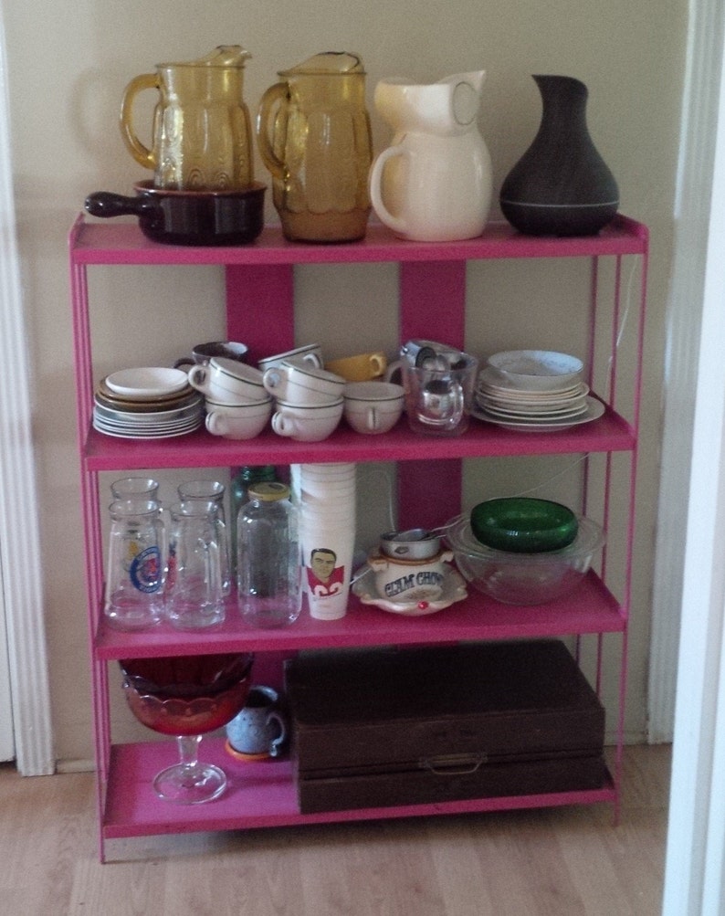 Mid Century Modern Narrow Vintage Pink Metal Bookshelf // 4 Shelves