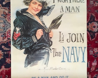 Vintage I Wish I Were A Man I’d Join the Navy Poster WWII // Howard Chandler Chrissy
