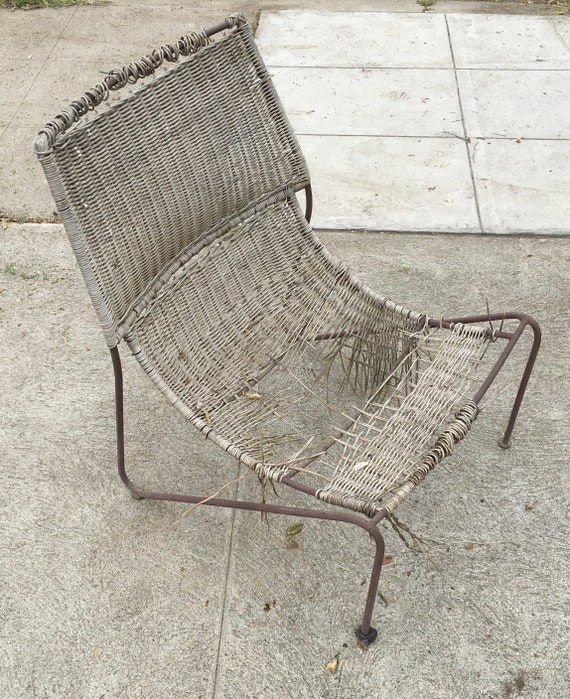 Vintage Pier One Mombasa or Frederick Weinberg Wrought Iron Chair Wicker Broken Rusted
