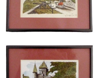 Vintage Original Watercolor Set // Germany Austria Castles // Pen Ink Drawing // European