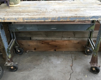 Vintage Beautiful Patina Old Industrial Table Workbench Butcher Block Kitchen Island // Heavily Weathered & Distressed