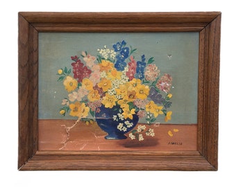 Weekend Sale! Will Negotiate // Antique / Vintage Floral Bouquet Framed Painting on Canvas Board