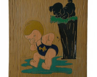 We Need Room! Considering All Offers! 1930s/1940s Era Antique American Folk Art // Swimming Child & Dog // 11" x 9" // Carved