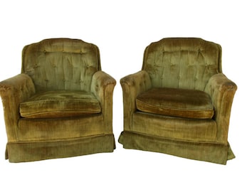 Vintage Lane Club Chairs // Gold Mustard Yellow Velour Velvet Set // Tufted Armchairs USA