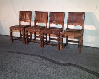 Happy Friday! Making Room! Offers Welcome! Vintage Spanish Revival Brown Leather Side Chair Dining Set of 4 // Wear & Damage