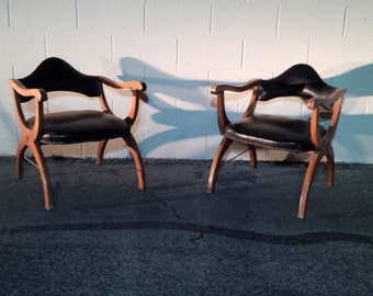 Happy Mother's Day! Offers Welcome! Mid Century Spanish Style Butaque Chairs // Curved Arms Bentwood // Black Vinyl // Wear