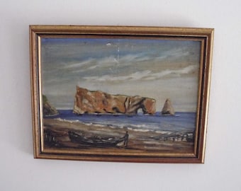 We Need Room! Considering All Offers! Vintage Impressionism Painting Perce Rock Quebec Canada // Framed Seascape Plein Air Damage