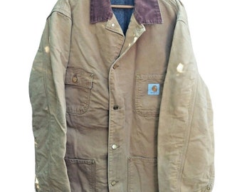 Vintage USA 80s Carhartt Duck Blanket Lined Denim Work Jacket Coat Chest 50" XL?