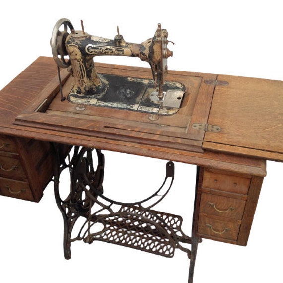 Offers Welcome // Improved Eldredge Rotary Treadle Sewing Machine Table  Cabinet // Antique Vintage Heavy Wear 