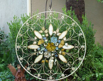 Vintage 36" Floral Shabby Chic Wrought Iron Wall Hanging // Large Flowers Hollywood Regency
