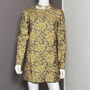 Vintage 1960&#39;s Gold Brocade MOD Mini-Dress size Small