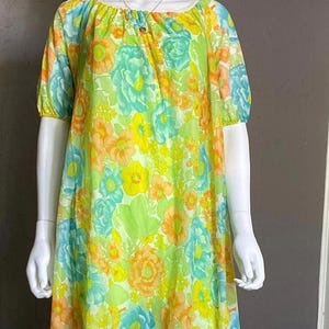 Vintage Neon Floral Mesh Maxi Nightgown Floor length Sheer Neon Mumu M-XL