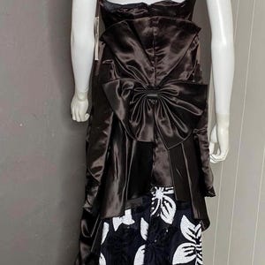 1990s Brown Satin w Black + White Sequin Back Evening Gown Jessica McClintock 6