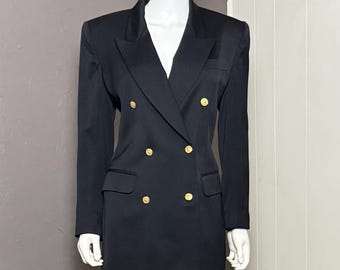 Vintage 1980's Black Double Breasted Long Blazer with Gold Buttons from Jones New York size Medium