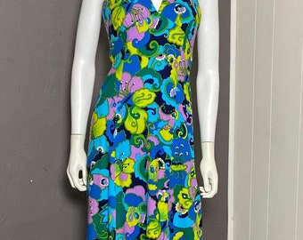 1960&#39;s Psychedelic Floral Halter Dress Handmade size S/M