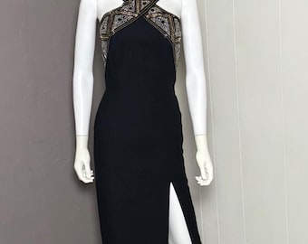 Vestido negro de cuello halter con cuentas de los años 80 de A.J. BARI, talla 4, estilo columna glamuroso
