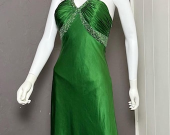 1990&#39;s-Y2K Green Silk Halter Dress from Cache size 4 Beaded Neck Y2K Cocktail Dress