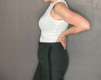 Vintage 1960-70s Dark Green Trousers With Black Stripe on Leg Size 8/10 Vintage Military Wool Dress Pant Green With Black Stripe