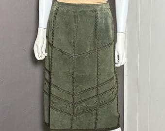 Olivgröna mockakjol i lapptäcke från 1990-talet, storlek 10, ny med etiketter, chevronmönster