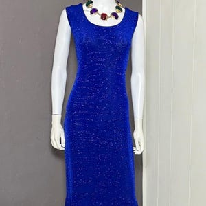 1980's Glitter Maxi Dress Jersey Mermaid Cut Blue Evening Dress fits M-XL