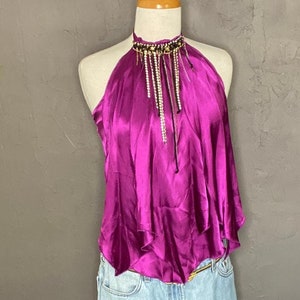 Y2K Vintage Rhinestone Necklace Party Halter Fuchsia Satin Halter Party Top Size Small