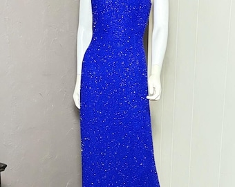 Vestido de noche azul rey con espalda abierta y cuentas azules de los años 90 de Zum Zum, talla XS/S