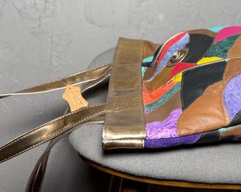 Vintage Leather Patchwork Tote Bag Colorful 80's Leather X Suede