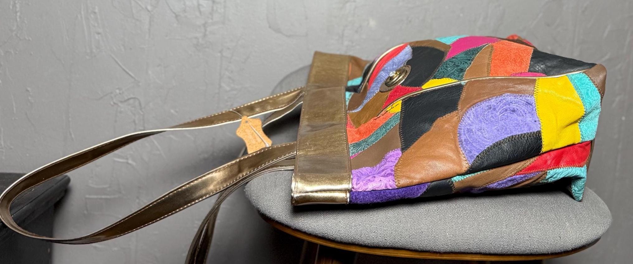 Vintage Leather Patchwork Tote Bag Colorful 80's Leather X Suede