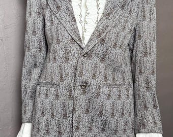 Blazer homme marron et blanc à imprimé atomique des années 1970, style sportswear vintage, de la marque The Art Co. de San Francisco.