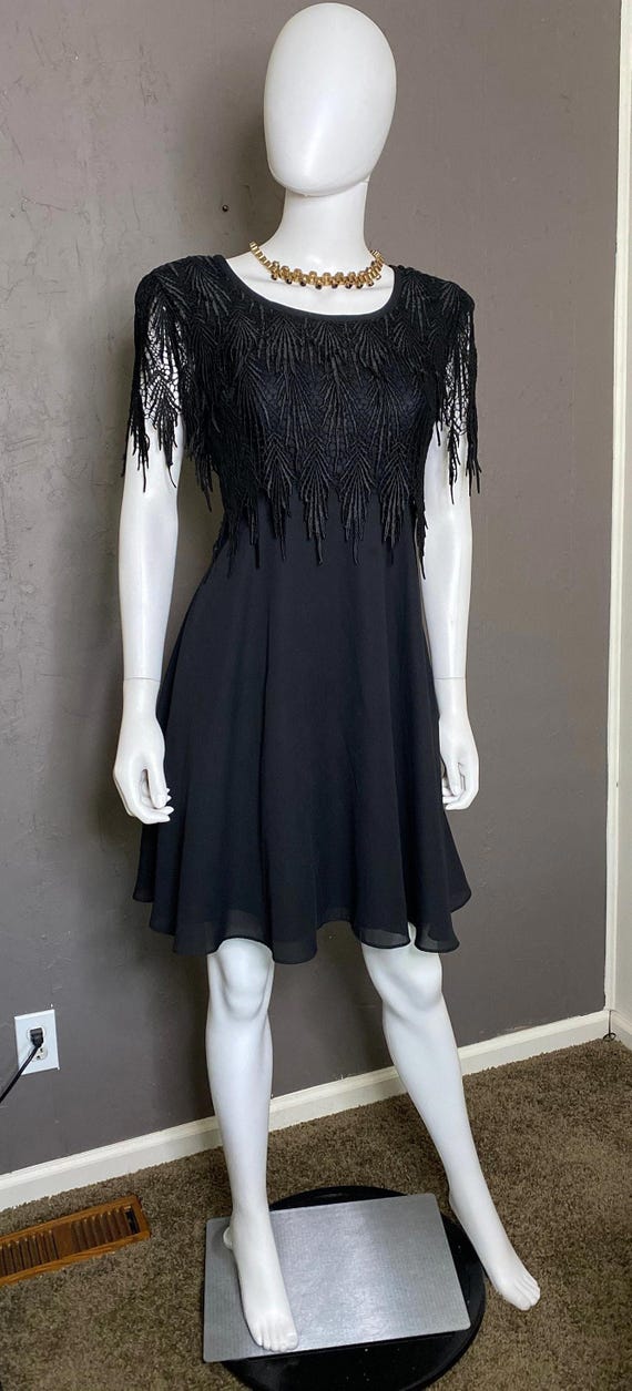 1980's Vintage Black Babydoll Dress with Lace Fringe by Nightway size Med-Large