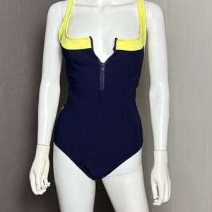 Vintage 1980&#39;s Swimsuit Blue + Yellow One-Piece Zip Front size L/XL