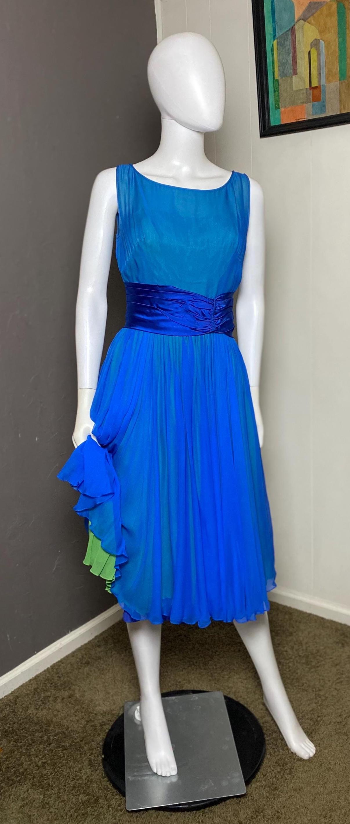 1950's Blue Silk Chiffon Cocktail or Party Dress size Small
