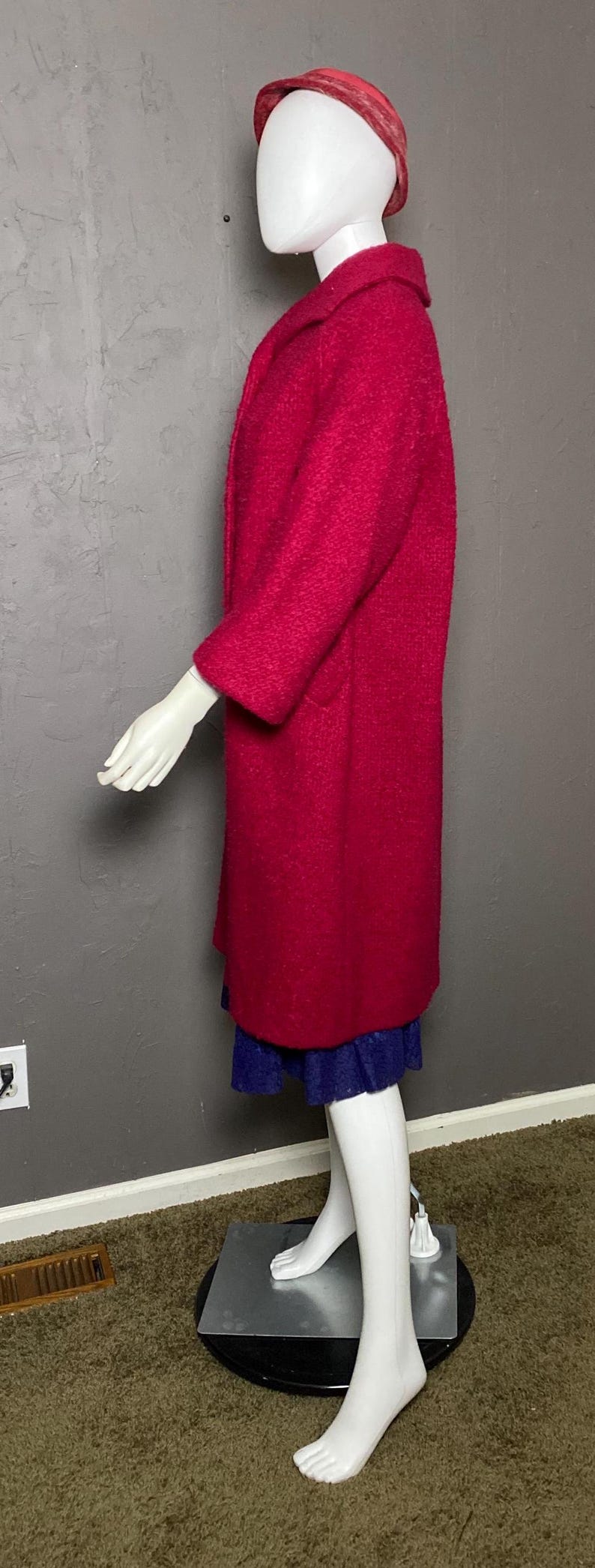 Large 1950s Swing Coat Green Boucle Wool Tweed Shawl Collar Vintage Winter Outerwear