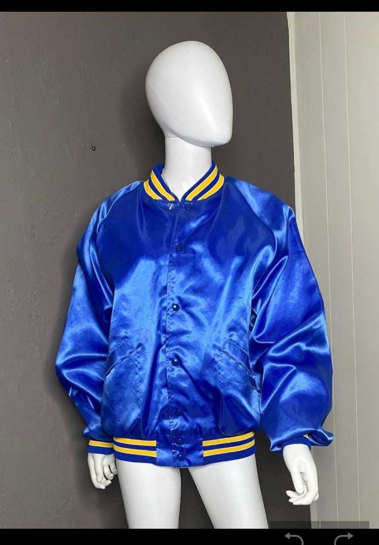 1980's Blue and Gold Satin Bomber Jacket by Pro Fit Size L Waco TX