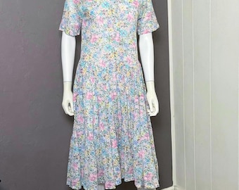 1970er Floral Tee Kleid Gewebe dünne Baumwolle semi-transparent S-M