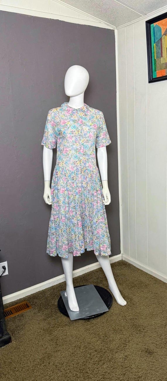 1970's Floral Tea Dress Tissue Thin Cotton Semi-Sheer S-M