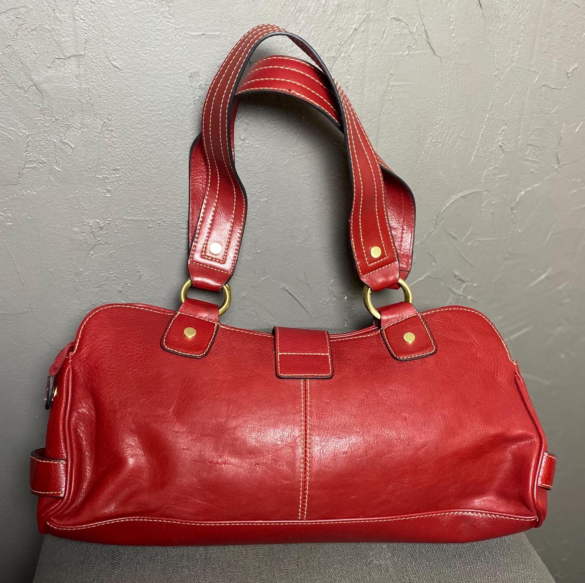 1990's-00's Red Leather X White Stitching Shoulder Bag - Etsy